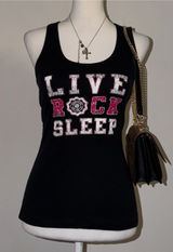 2000s vintage style bedazzled bling fitted tank top LIVE ROCK SLEEP graphic tank Photo 0