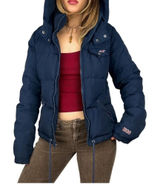2000's Hollister Navy Blue Hooded Puffer Jacket Down Quilted Coat Large Y2K Photo 0