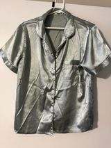 Mint Green Blue Satin Button-up Pajama Set Shorts Shortsleeve Women Large Photo 0