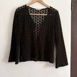 Fresh Wear Dark Olive Green Open Knit Velvet Trim Tie Bell Sleeve Cardigan Photo 0