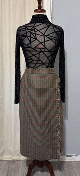 Vintage Luxury Lana Lee‎ Plaid Wool Blend Midi Skirt Sz XS Fringed Hem High Rise Photo 0