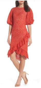 Jarlo NWT Anika Orange Eyelet Cocktail Dress Puff Sleeve Ruffle‎ Hem Sz 0 Photo 0