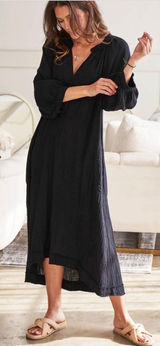Ocean+Main Los Angeles Black Cotton Double Gauze High Low Midi Dress M/L Pockets Photo 0