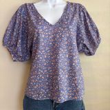Madewell Blue Floral Puff‎ Sleeve V Neck Casual Blouse Top Women XS Boho Peasant Photo 0