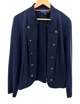 Tommy Hilfiger Navy Blue Military Knit Blazer Gold Crest Button Jacket Womens XL Photo 0