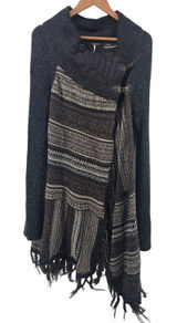 Free People Cardigan Womens M Wool Blend High Low Fringe Toggle Gray EUC Photo 0