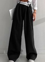 Asymmetrical Contrast Waistband Wide Leg Dress Pants Photo 0