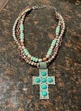 Handmade Costume jewelry Copper and turquoise colored cross and beaded necklace Photo 0