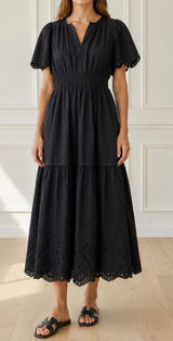 Baltic Born Annette Eyelet Tiered Midi Maxi Dress Black Sz L Puff Sleeve Cottage Photo 0