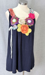 Feratelli Tank Top L Navy 3D Floral Rosette Applique Cotton Artsy Whimsical Photo 0