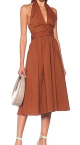 Staud Moana Flared Halterneck Dress In Tan Size: 6 Photo 0