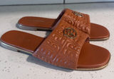 Bebe Womens Cognac Brown Quilted Logo Slide Sandals Square Toe Gold Hardware 10 Photo 0