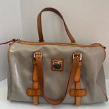 Dooney & Bourke Patent Leather Barrel Satchel in Taupe/Putty gray Vachetta Trim Photo 0