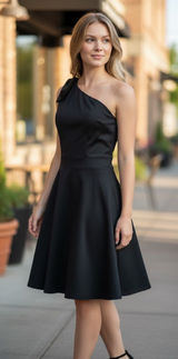 NWOT JASAMBAC Black One Shoulder Bow A-Line Cocktail Dress‎ with Pockets Size L Photo 0