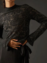 by Anthropologie Hanna Lace Merino Wool Mock Neck Sweater Sz M Black Sheer Photo 0