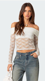 $58 NWOT Edikted Elysia Fold Over Sheer Lace Top in white M Photo 0