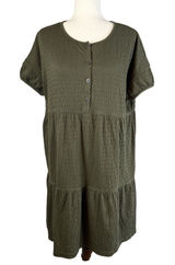 Madewell Oversized Tiered Mini Dress Size S‎ Green Crinkle Knit Cotton Blend Photo 0