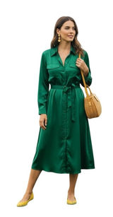 Lucky Brand Jewel Green Satin Shirt Dress XL Utility Long Sleeve Midi Pockets Photo 0