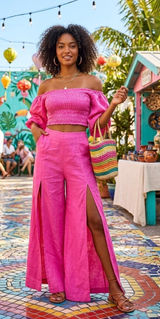 Young Fabulous & Broke Pink Linen Smocked Puff Sleeve Top Wide Leg Slit Pant Set Extra Small Photo 0