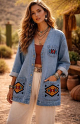 Vintage S Small Denim Jacket‎ Southwest Boho Aztec Embroidered Oversized USA Photo 0