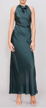 MELLODAY Ruched Cowl Neck Bias Cut Satin Maxi Dress, Large, Hunter Green, NWT Photo 0