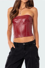 Edikted Red Leather Corset Top Faux Photo 0