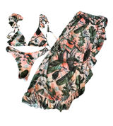 SHEIN Coral Pink and Forest Green Tropical Bikini Set with Sarong Photo 0
