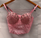 Y2K Reigning Lace Bustier Top Baby Pink Rhinestone Embellished‎ Beaded Photo 0