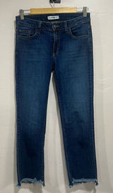Hi-Low Straight Leg Frayed Hem Denim Pants in Medium Wash Photo 0