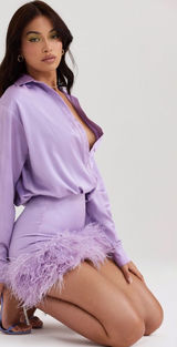 House of CB ‘Tyra’ Feather Trim Long Sleeve Satin‎ Mini Shirt Dress Orchid NWOT Photo 0