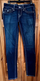 True Religion Dark Wash Jeans Womens Sz28 Dark Wash Big T White Stitching Skinny Photo 0
