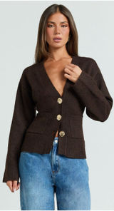 NWT Showpo Nerissa Cardigan Size 2 Brown Cinched Waist Puff Sleeve Wool Contour Photo 0