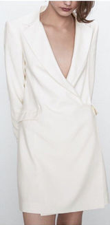 Zara Collared Plunge Blazer Dress Stretch Wool Blend in Cream Ivory Women's XS Photo 0