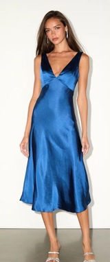 Lulus Incredible Love Navy Satin Cowl Back Midi Slip Dress Size Large Cocktail Photo 0