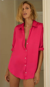Zara Button Down Shirt Size Small Fuchsia Pink Satin Long Sleeve Blouse Photo 0