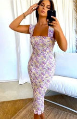 SNDYS Everyday Tina Midi Dress Size 2 Purple Yellow Floral Print Smocked Bodycon Photo 0