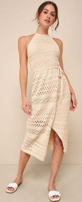 Lulus Blissful Strolls Beige Crochet Faux-Wrap Halter Midi Dress Size Medium Photo 0