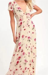 Lulus Cream Floral Flutter Sleeve Maxi Dress Size XS EUC Photo 0