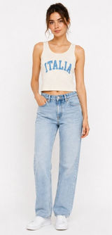 Italia Ribbed Crop Tank Top Womens One Size Cream Blue Graphic Made in Italy Y2K Photo 0