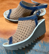 Fly London Yile taupe Navy perforated suede wedge sling back sandals size 36 Photo 0