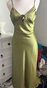 Satin Green Rosette Maxi Dress Floral Slip Olive Lime Formal Evening Gown Photo 0