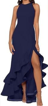 Betsy & Adam - Arielle Scuba Crepe Ruffle‎ Slit Gown Photo 0