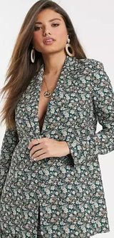 Mango MNG Floral Print Longline Blazer One Button Oversized Women's XXS Photo 0