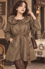 Vertigo Paris Womens XL Olive Taupe Ruffle Collar Belted Trench Coat Jacket Photo 0