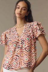 Anthropologie Maeve Short-Sleeve‎ Ruffle Yoke Colorful Blouse size xs Photo 0