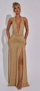 NWT Babyboo Melania Gold Sparkle Ruched Halter Plunge V-Neck Maxi Dress Size M Photo 0