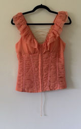 Vintage Y2K Sherbet Orange & pink Coral Corset Top Smocked Ruffle Blouse Large Photo 0