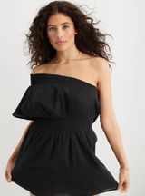 Aerie‎ Black One Shoulder Mini Dress Sz S Boho Ruffle Festival Coastal Beach Photo 0