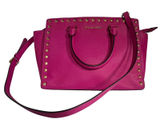 Michael Kors Selma Satchel Women Medium Magenta Pink Studded Saffiano Leather Photo 0