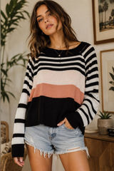 Free People Block Party Linen Cotton Stripped Boxy Knit Exposed Hem Sweater Photo 0